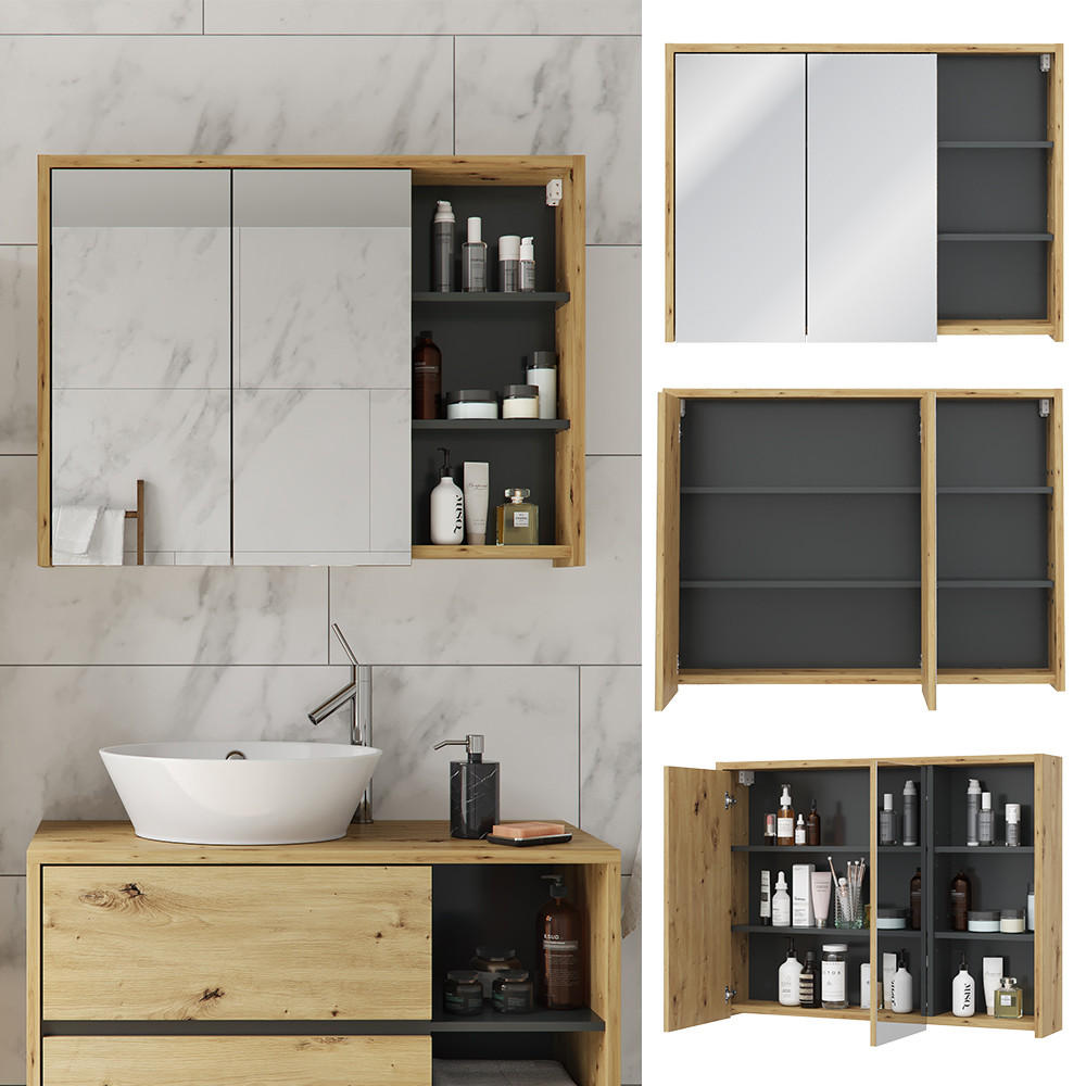 BADSPIEGELSCHRANK Viola Eiche/Anthrazit 100 x 75 cm - Eichefarben/Anthrazit, Holzwerkstoff (100/75/18cm) - Vicco