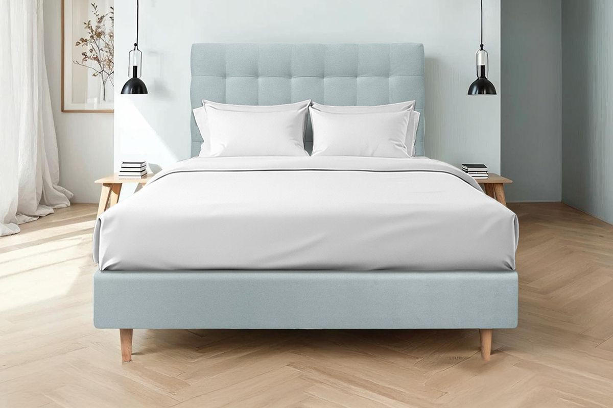 KOPFTEIL gepolstert - Gesteppt – blaugrauer Samtstoff - 180 cm - Beige/Blaugrau, Karton/Holz (180/120/10cm) - Sommeil de Plomb
