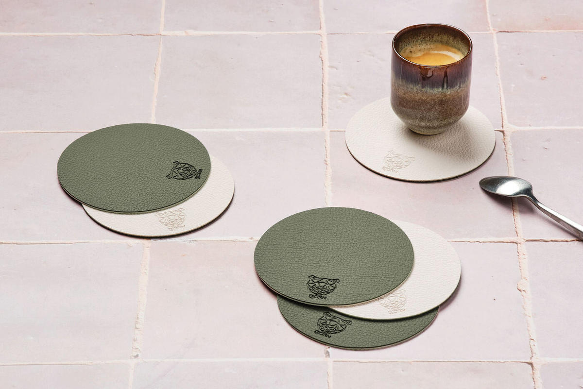 UNTERSETZER - 6er-Set - Recyceltes Leder in Cremeweiß und Graugrün - Weiß, Textil (10/10cm) - Björn