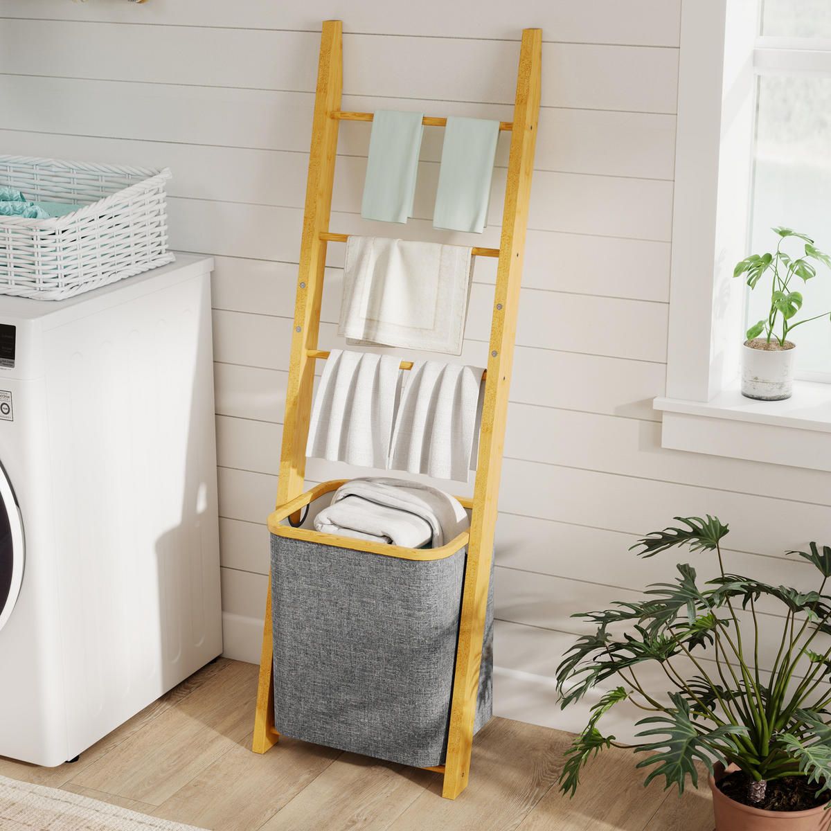 HANDTUCHLEITER DE-17344 mit Wäschekorb (48 l) & 3 Stangen Grau - Grau, Naturmaterialien (43/133/35cm) - ComfortXL