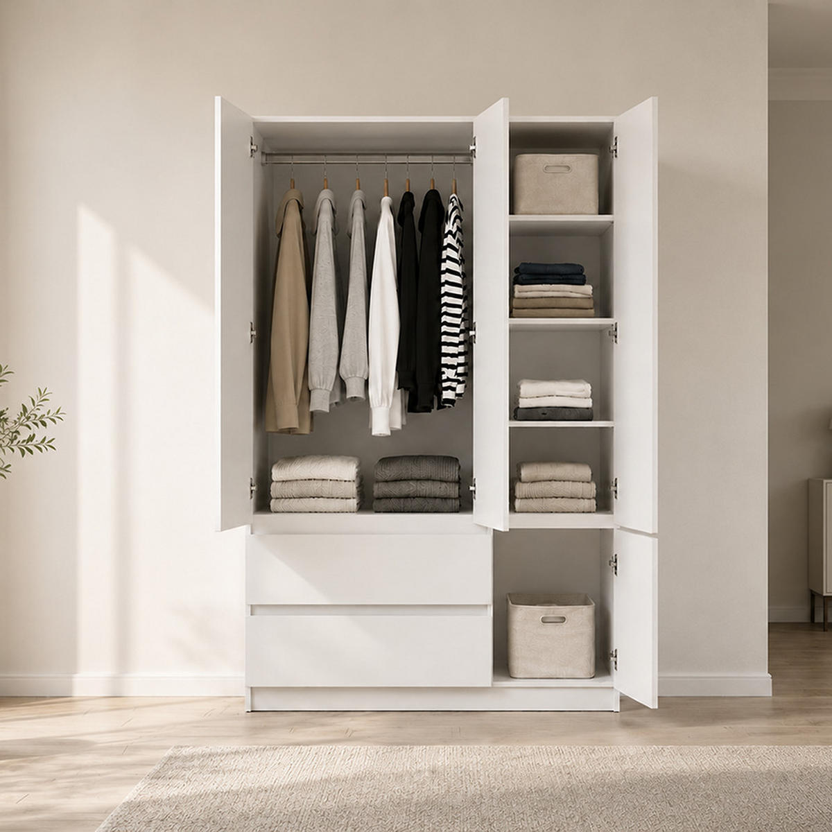 DREHTÜRENSCHRANK SOLO 4D2S, Schlafzimmer, Kleiderschrank Schrank 120 cm Weiß/Weiß, 4-türig, zwei Schubladen, grifflos - Weiß, Holzwerkstoff (120/180/50cm) - imoebel24
