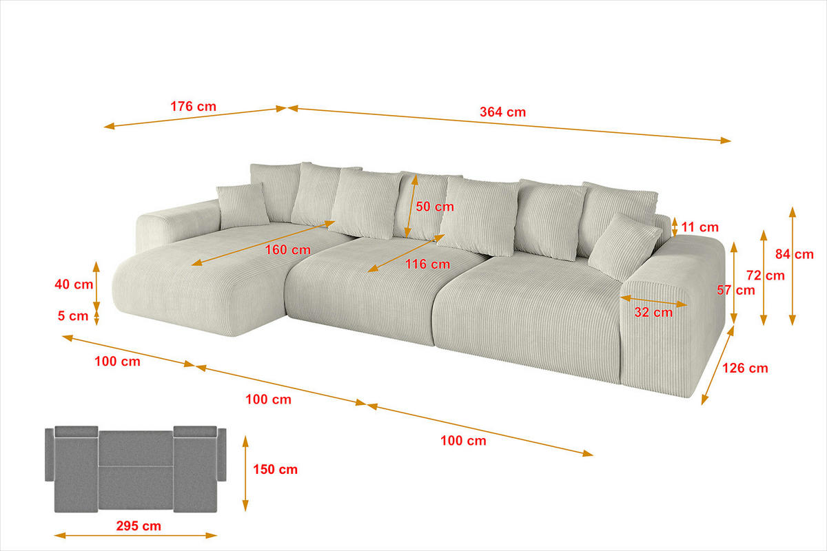ECKSOFA Ottomane links ESKAR-L 364x176x84 Ecru Cord - Ecru/Schwarz, Holzwerkstoff/Kunststoff (364/176cm) - ALTDECOR
