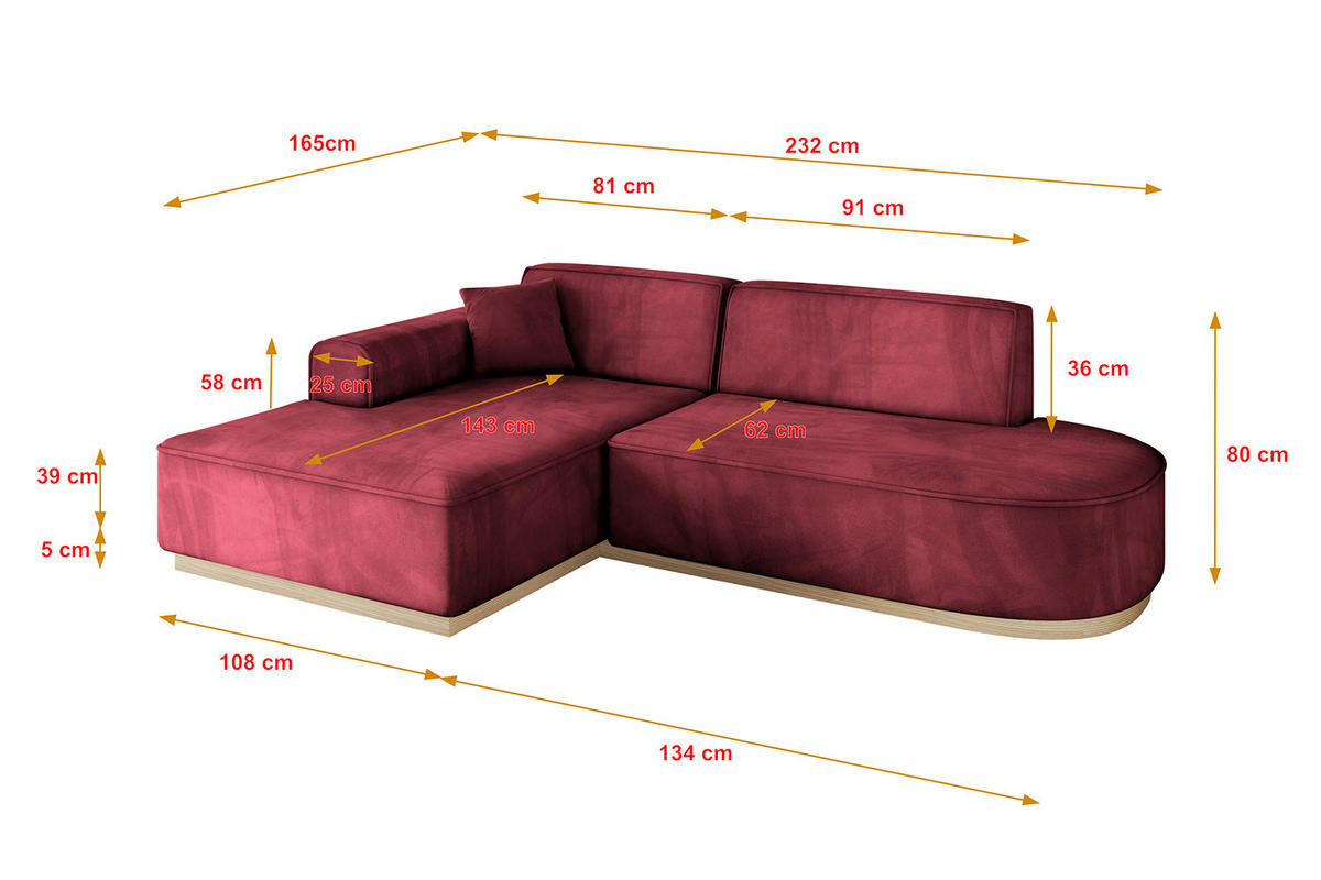 ECKSOFA Ottomane Links IREA-L1 - 232x165x80 cm Bordeauxrot - Bordeaux, Holzwerkstoff/Textil (232/165cm) - ALTDECOR