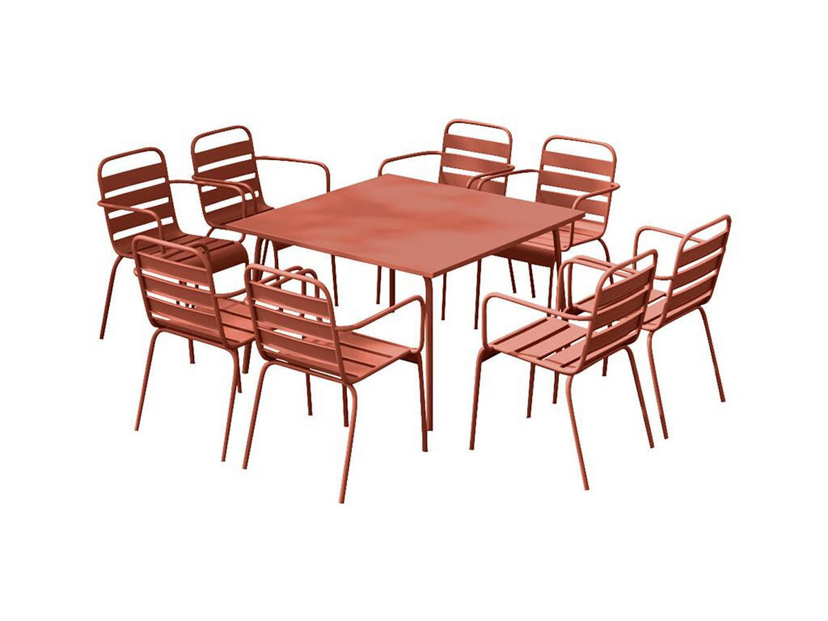 GARTEN-ESSGRUPPE: Tisch L. 120 cm + 8 stapelbare Sessel - Metall - Terracotta - MIRMANDE von MYLIA - Braun, Metall - Vente-Unique