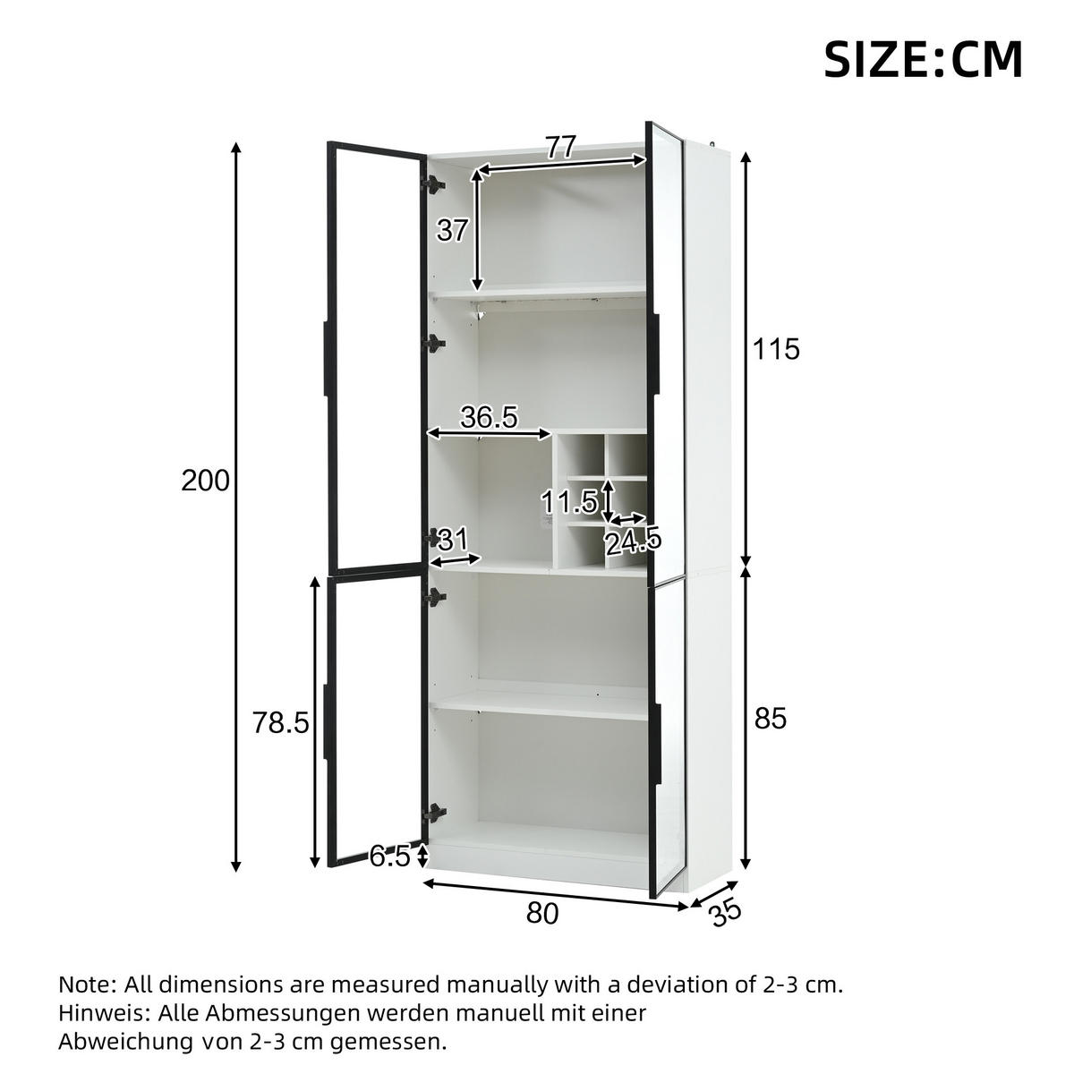 VITRINE LED Glasvitrine Glastüren Hochschrank Weinregal 200cm - Weiß, Holzwerkstoff (80/200/35cm) - FLIEKS