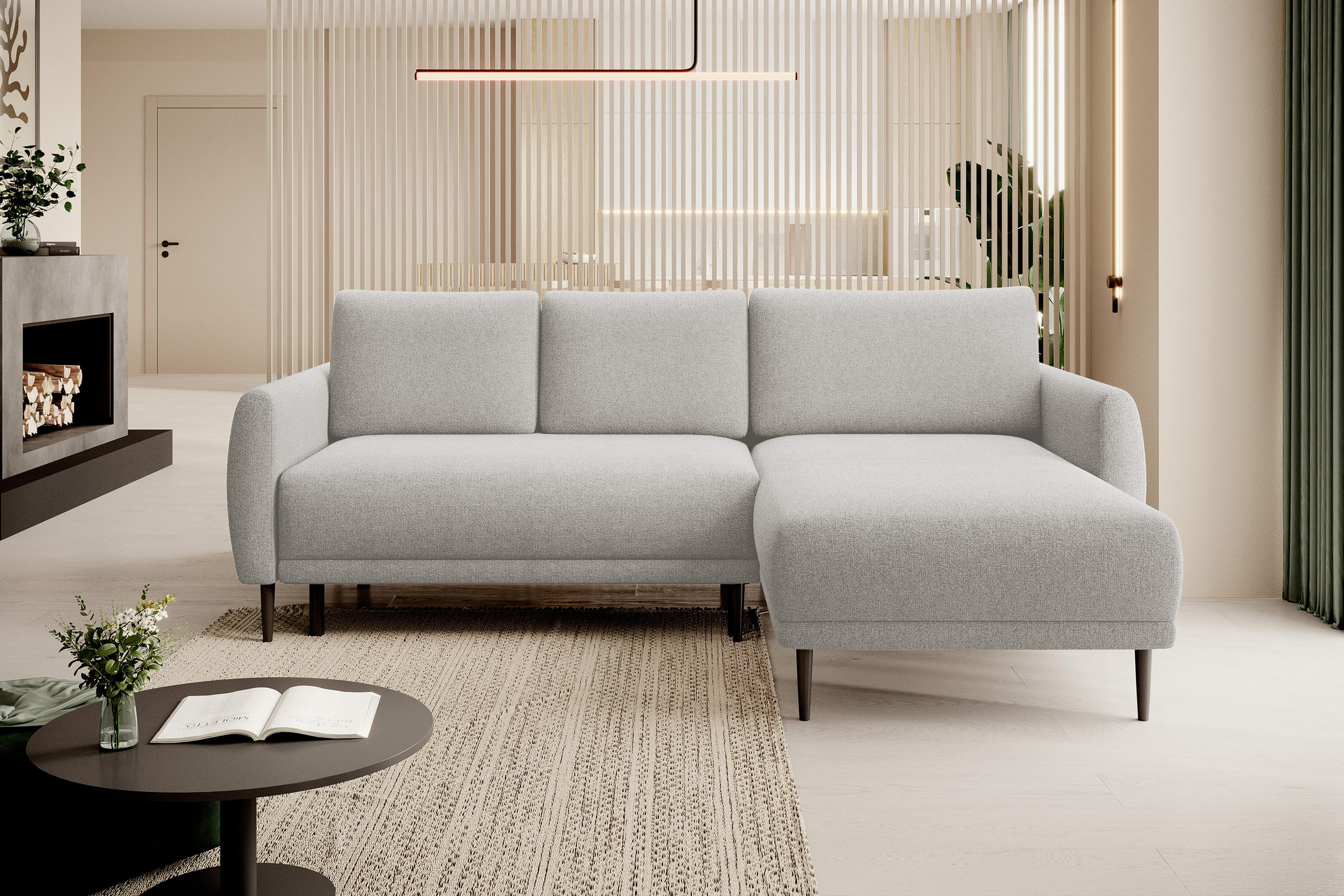 ECKSOFA Bono – Stilvolles Sofa mit Schlaffunktion, Robuste Holzfüße, Elegante Armlehnen, Tiefe Sitzfläche 226x164x88 cm – Rechte, Beige - Beige, Holz/Textil (226/164cm) - DomoHome