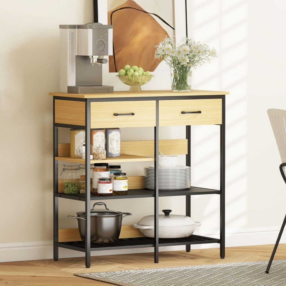SIDEBOARD 90/40/91 cm aus Holzwerkstoff mit 2 Schubladen und Stahlgestell Naturfarben - Naturfarben, Holz (90/91/40cm) - Modenvie
