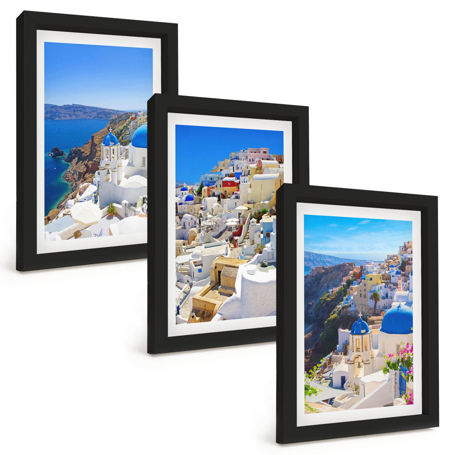 BILDER SET 3er Set - 20x30 cm Schwarzer Rahmen - Landschaftsarchitektur Oia Santorini - Schwarz, Kunststoff (20/30cm) - TULUP