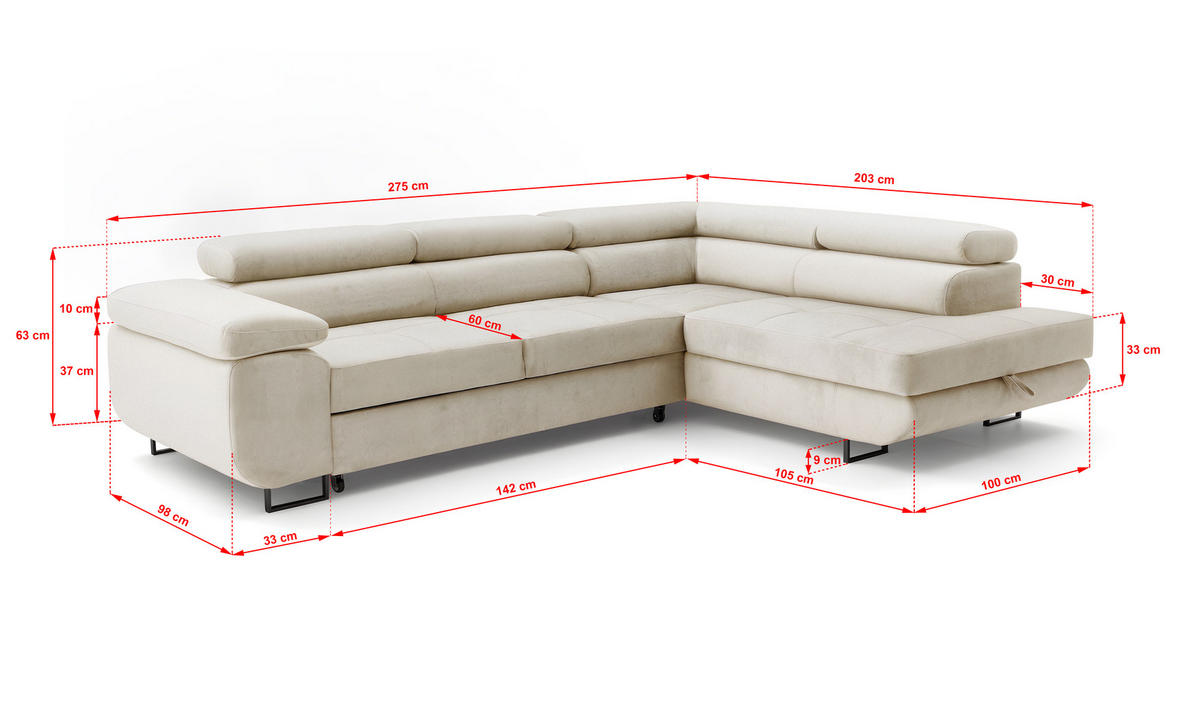 ECKSOFA Velmo mit Bettkasten und Schlaffunktion, verstellbaren Kopfstützen, in L-Form - Beige, Textil (275/203cm)