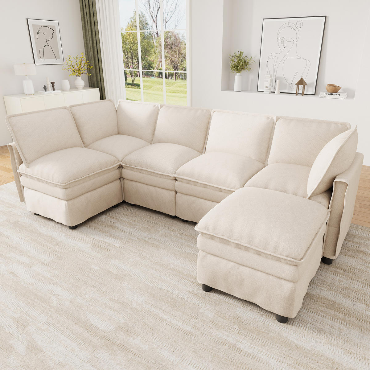 ECKSOFA DE-33261 XXL modular U-/L-Form mit Hocker Beige - Beige, Holzwerkstoff (344/127cm) - ComfortXL
