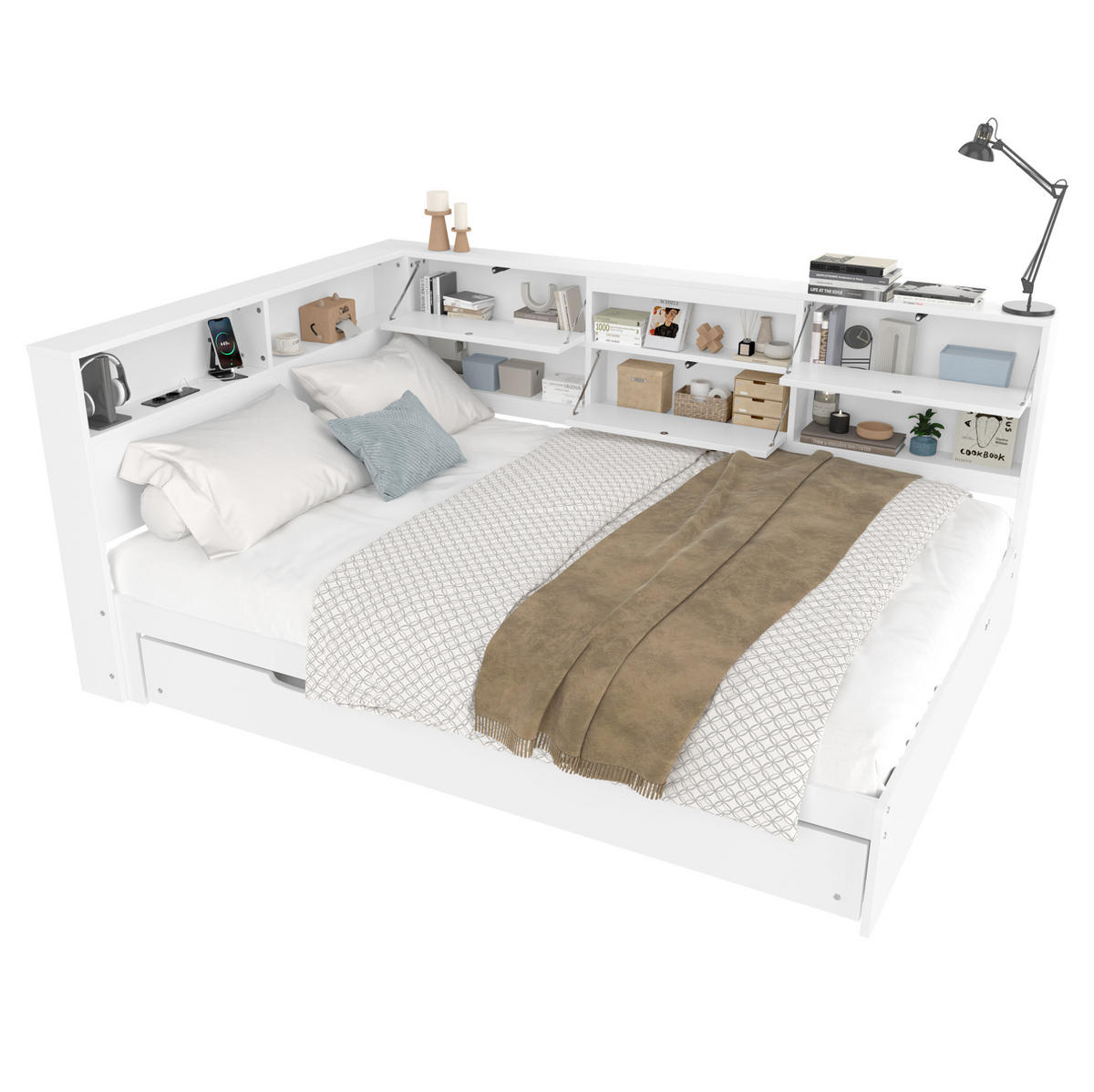 BETT 140/200 cm mit Kopfteil und Ausziehbett in Weiß - Weiß, Holzwerkstoff (140/200cm) - BEAOK