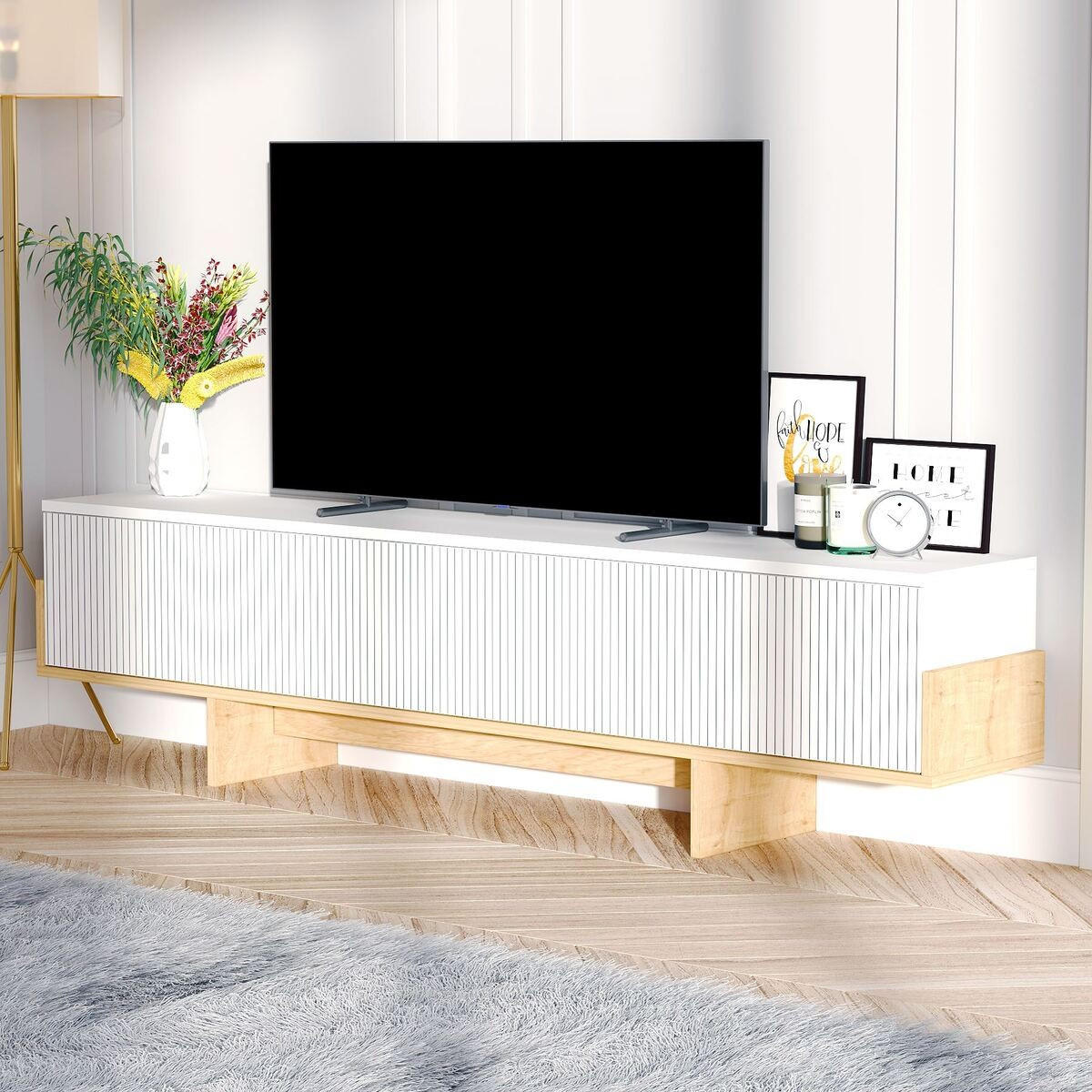 TV-MÖBEL mit 3 abklappbaren Türen gestreift 30/180/44,6 cm - Weiß, Holzwerkstoff (30/44.6/180cm) - Calicosy