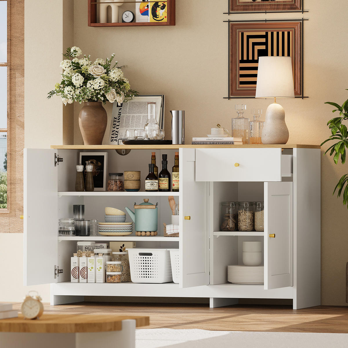 SIDEBOARD 120/40/75 cm mit 3 Türen & Schublade in Weiß und Natur - Weiß, Holzwerkstoff (120/75/40cm) - BEAOK
