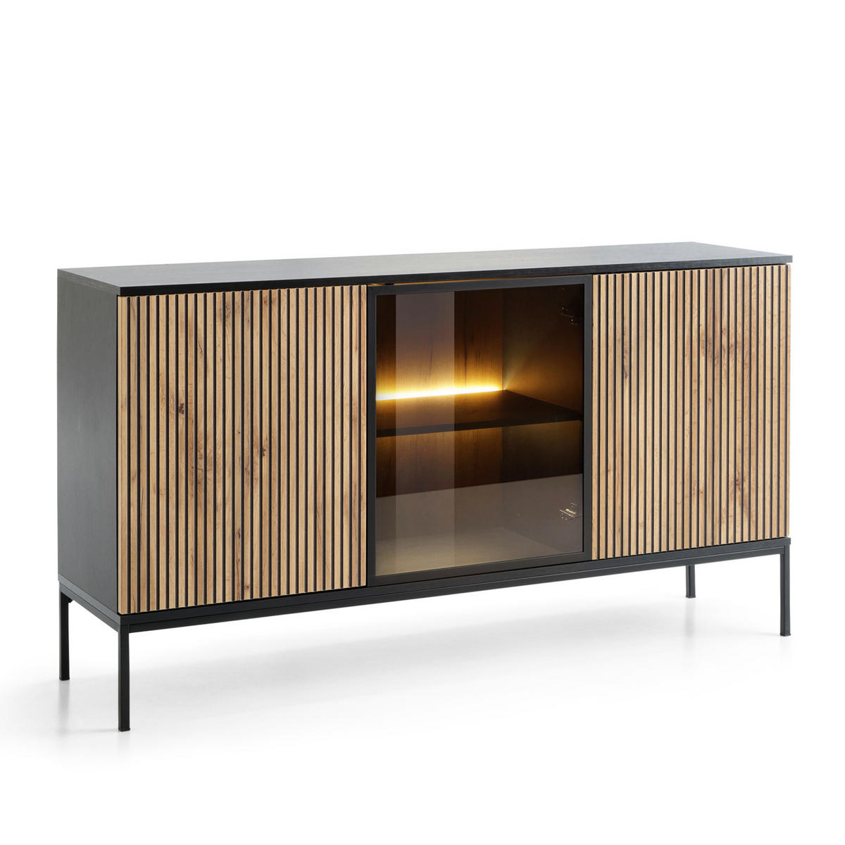 SIDEBOARD Laval K154 – Wotan-Eiche, Schwarz, mit Lamellen - Eichefarben/Eiche Wotan, Glas/Holzwerkstoff (154/83/39cm) - Komodee