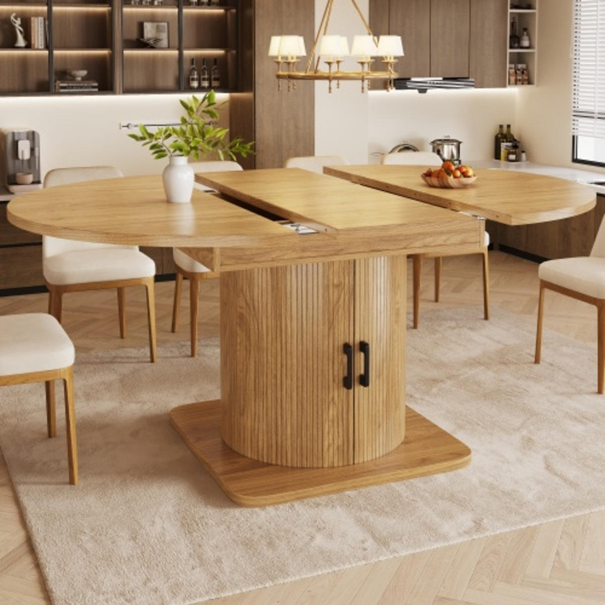 ESSTISCH Ausziehbarer 118-158×118×76 cm aus MDF und Metall mit integriertem Stauraum, naturfarben - Naturfarben, Holzwerkstoff (158/118/76cm) - Luhomfu