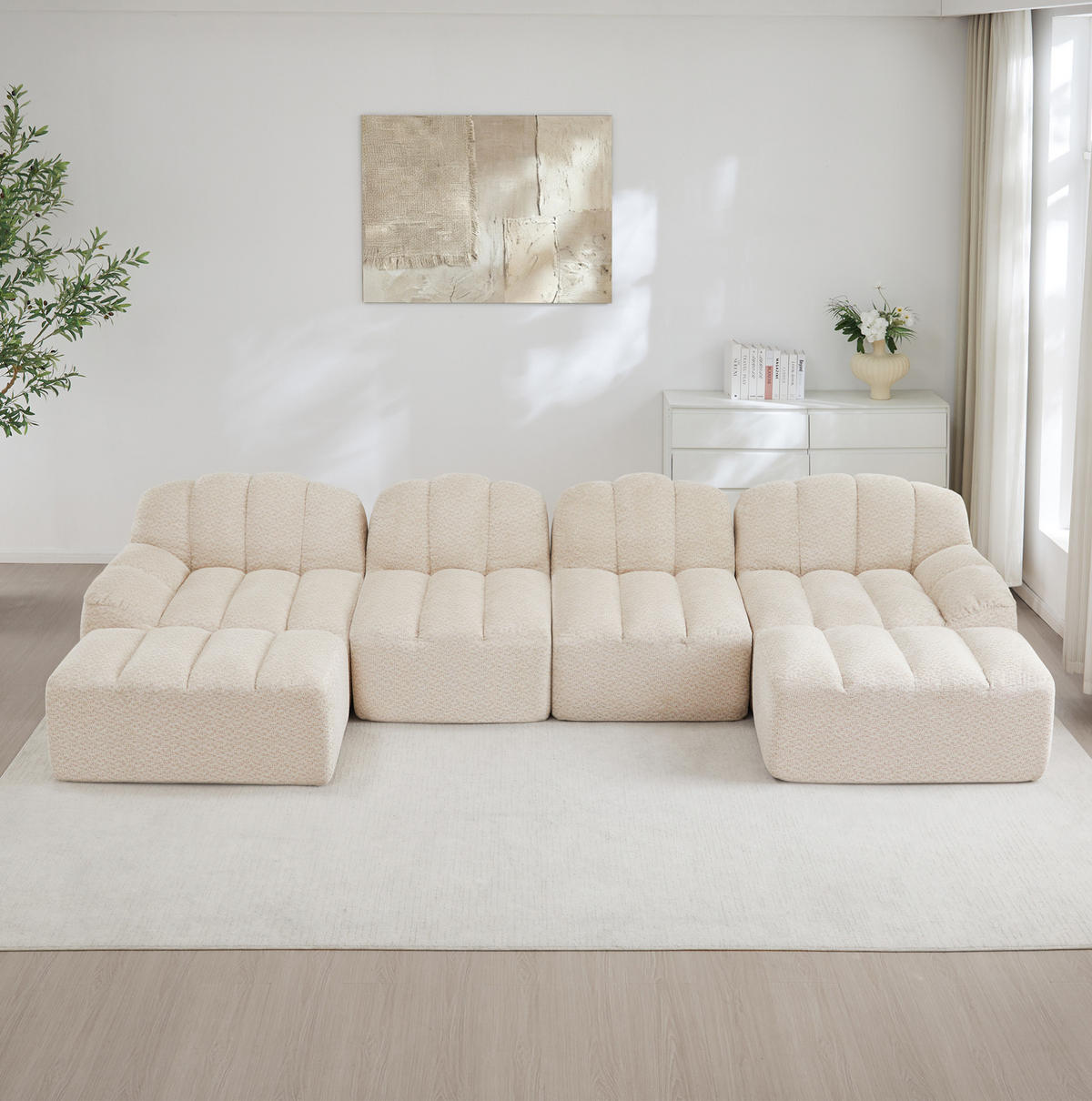 ECKSOFA 366/165/79 cm Beige/Weiß aus granuliertem Fleece mit Ottomanen - Creme, Textil (165/366cm) - OKWISH
