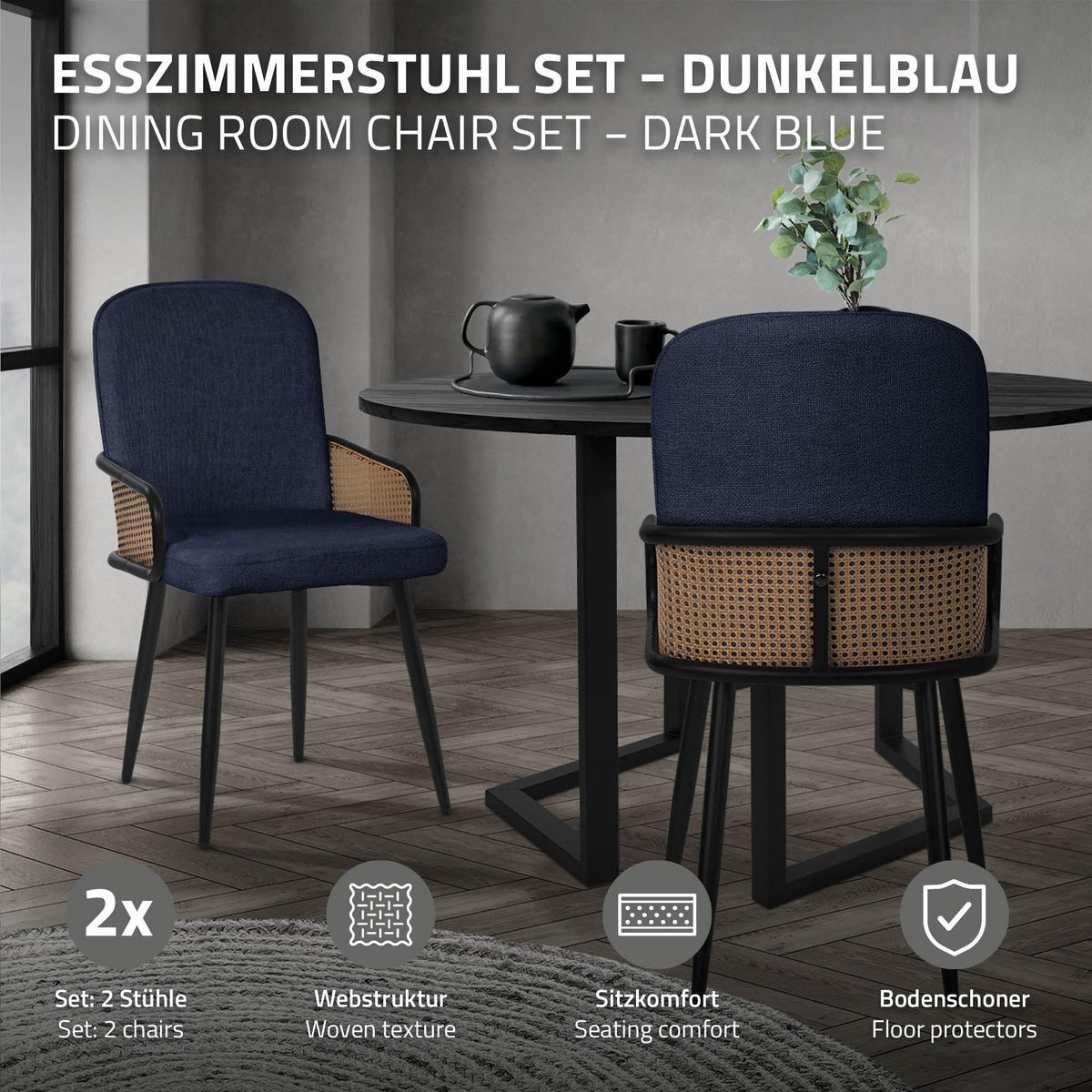 JÍDELNÍ ŽIDLE, sada 2 ks, tmavě modrá, s látkovým potahem v ratanovém vzhledu - černá/tmavě modrá, kov/textil (51/91/61cm) - ML-DESIGN