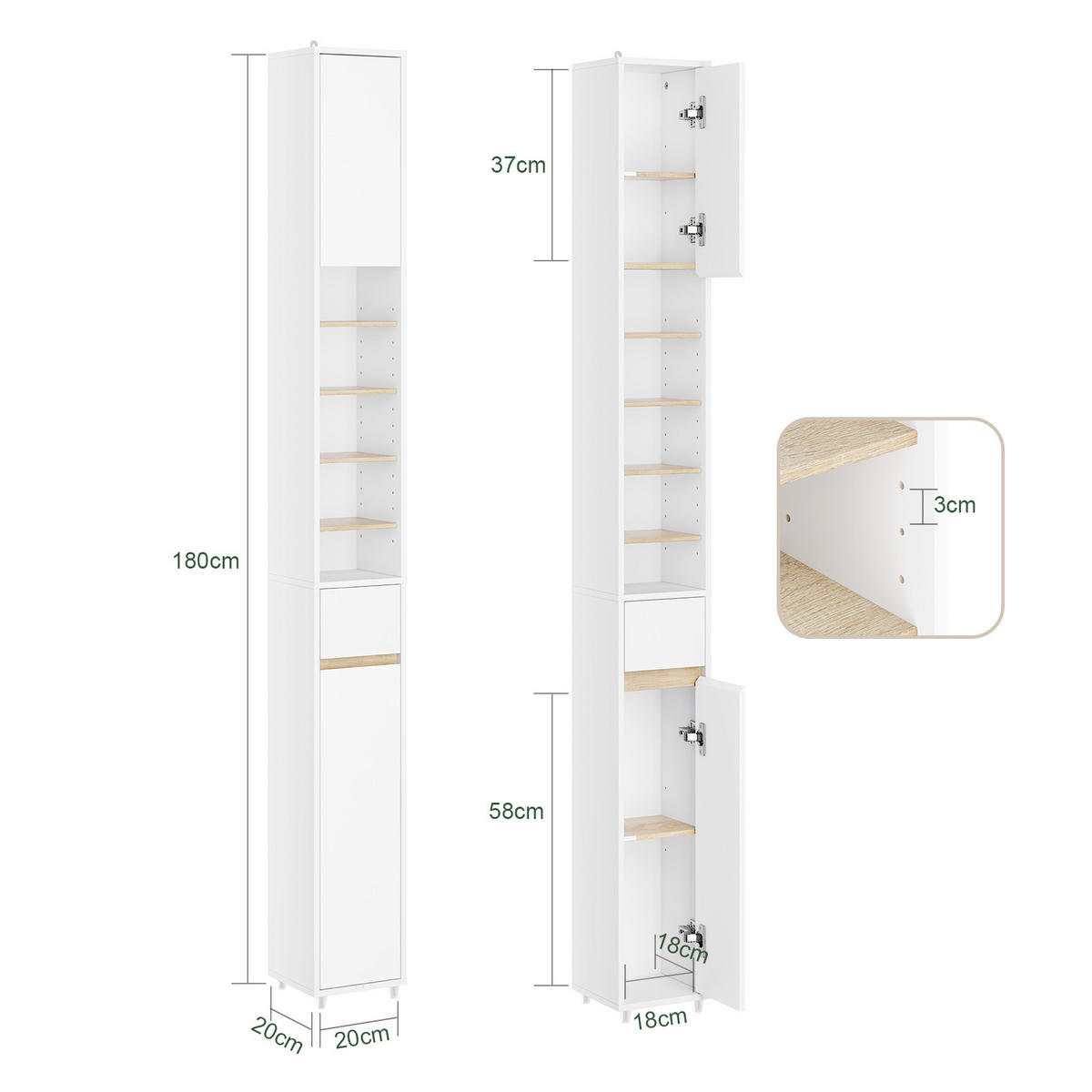 HOCHSCHRANK Schmal, Weiß-Natur, 20x180x20cm - Weiß/Naturfarben, Holzwerkstoff (20/180/20cm) - SoBuy