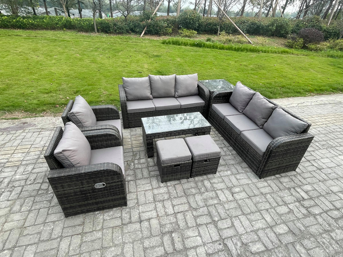 GARTENSOFA SET mit rechteckigem COUCHTISCH Polyrattan 10-Sitzer Dunkelgrau - Dunkelgrau/Grau, Glas/Kunststoff - Fimous