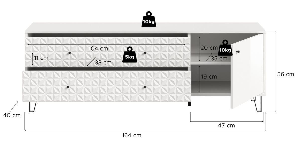 TV-LOWBOARD weiß Hochglanz 164 x 56 cm, TV Unterteil mit 3D-Struktur - Weiß Hochglanz/Schwarz, Holzwerkstoff/Kunststoff (164/56/40cm) - Inn.Furn