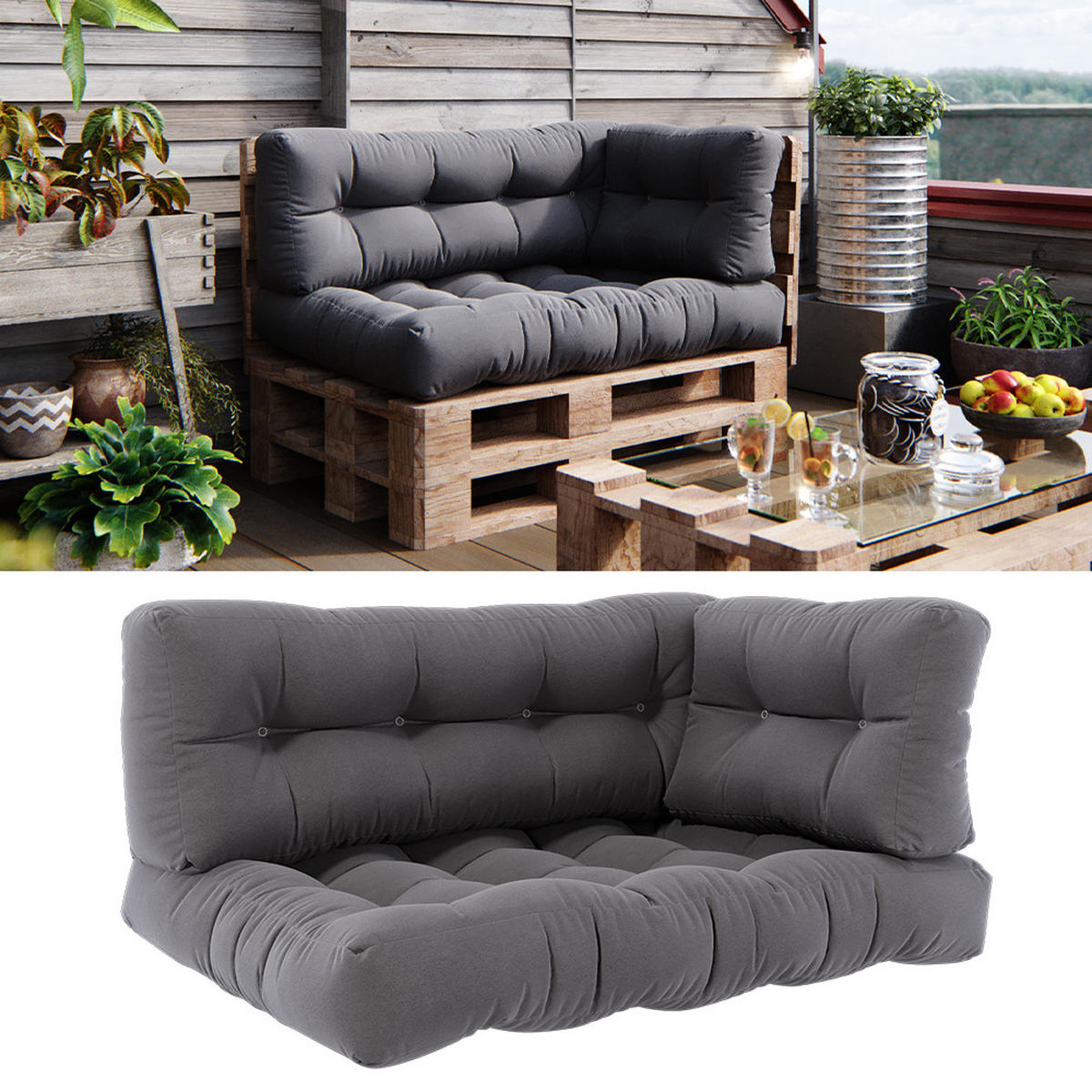 PALETTENKISSEN SET Flocken Grau 120 x 80 cm 3 Teile - Grau, Textil (120/80/15cm) - Vicco