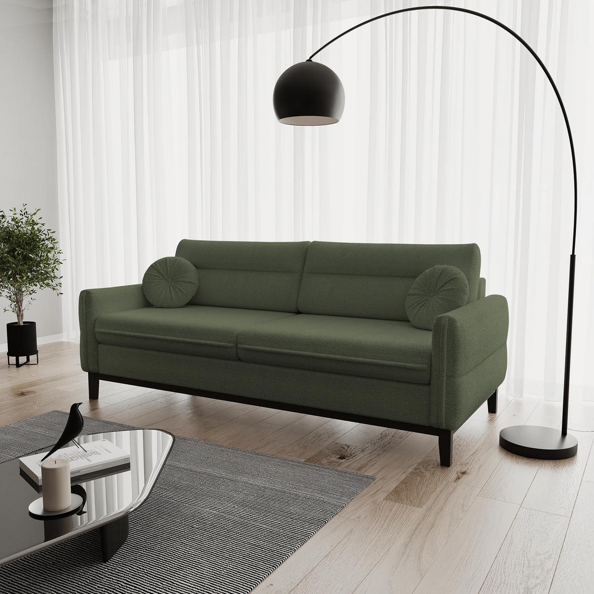 SITZGARNITUR Belweder, zwei Sofas+Sessel, Dunkelgrün, Bouclé - Wengefarben/Dunkelgrün, Holz/Textil (268/95/94cm) - Beautysofa