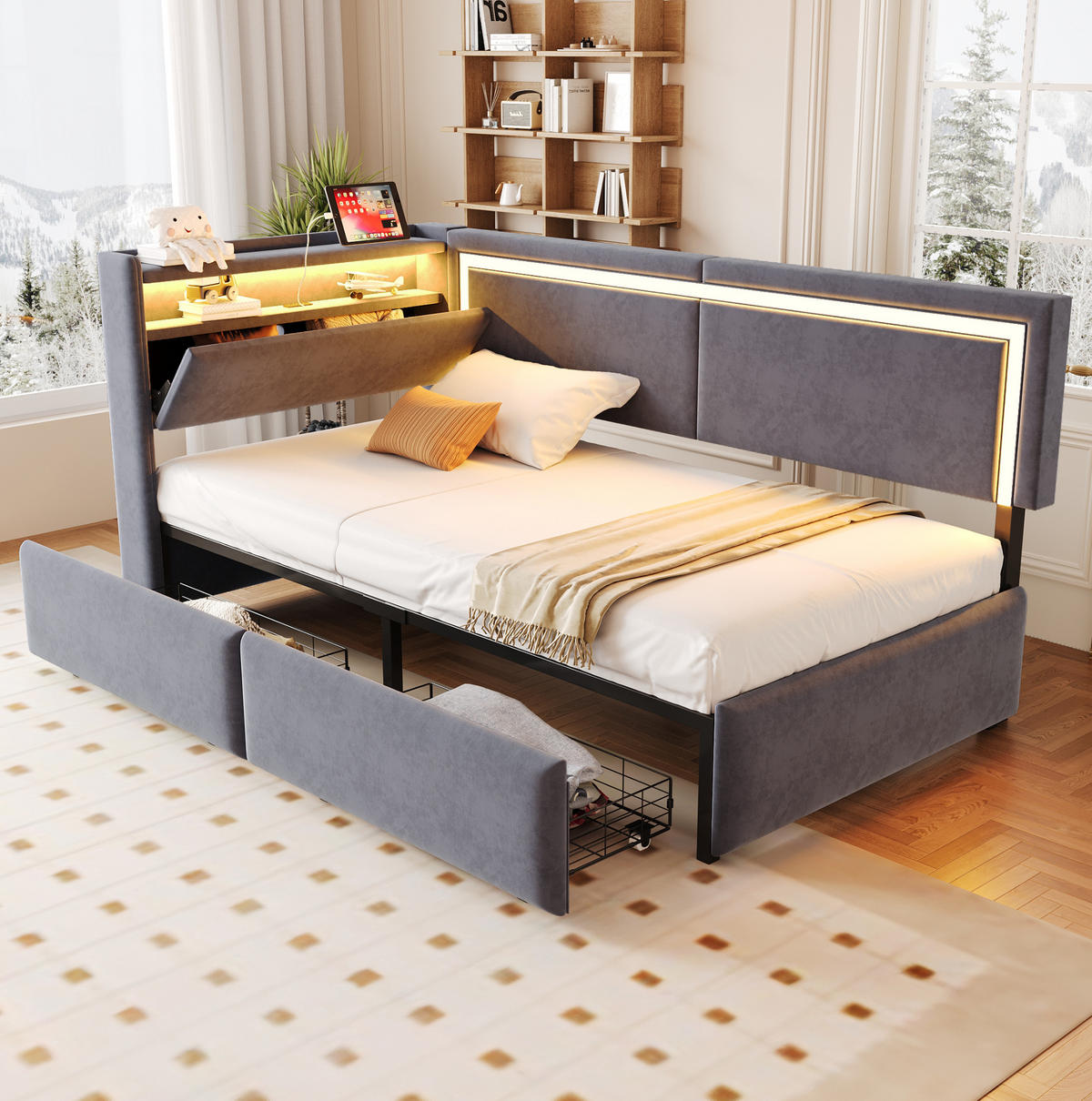 POLSTERBETT mit LED-Beleuchtung 90/200 cm mit USB und Stauraum in Dunkelgrau - Dunkelgrau, Textil (90/200cm) - BEAOK