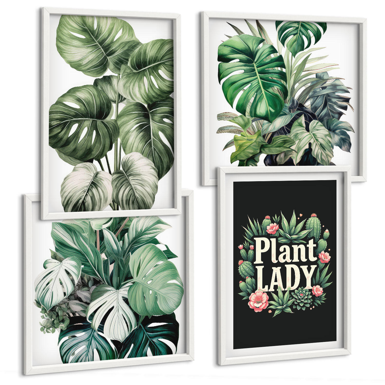BILDER SET 4er Set - 50x50 cm & 40x60 cm Weißer Rahmen - Tropische Pflanzen, Pflanzenliebhaberin - Weiß, Kunststoff (50/50cm) - TULUP