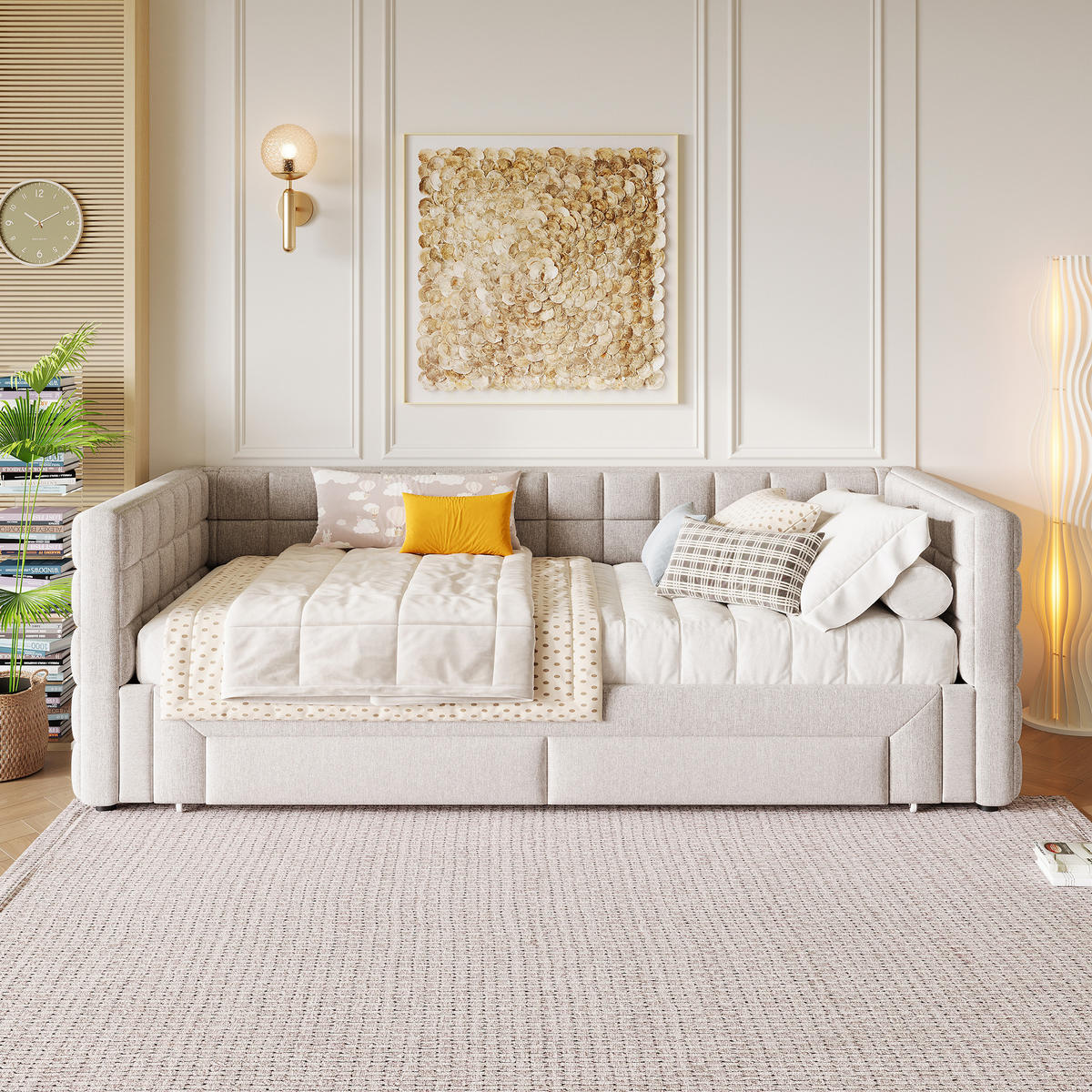 TAGEBETT 90x200cm Beige quadratische Rückenlehne Ausziehbett 2 Schubladen - Beige, Holz (90/200cm) - FLIEKS