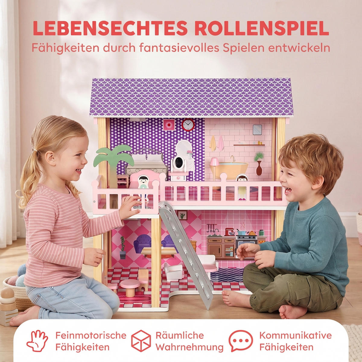 PUPPENHAUS MDF Kiefernholz Rosa - Rosa, Holzwerkstoff (40/69/64cm) - AIYAPLAY