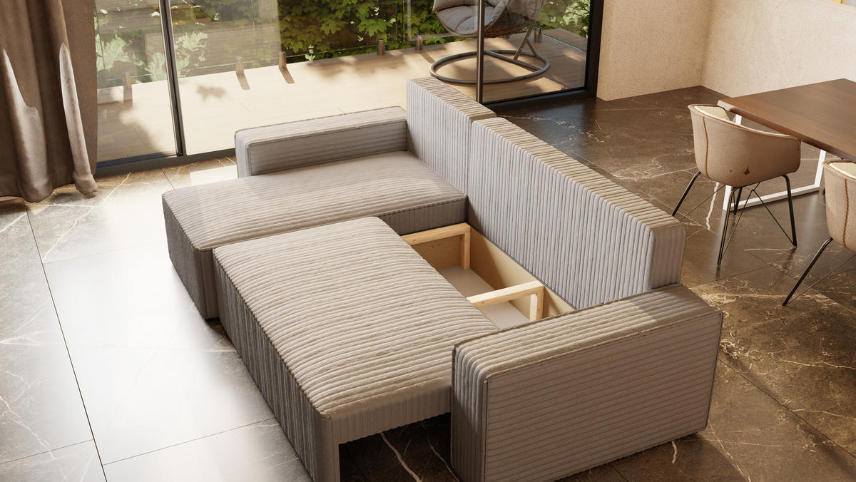 ECKSOFA Tobi mit Bettkasten und Schlaffunktion, L-Form/XL-Form, Cordstoff, Universal - Hellgrau, Holzwerkstoff (246/145cm) - 4ALL HOME