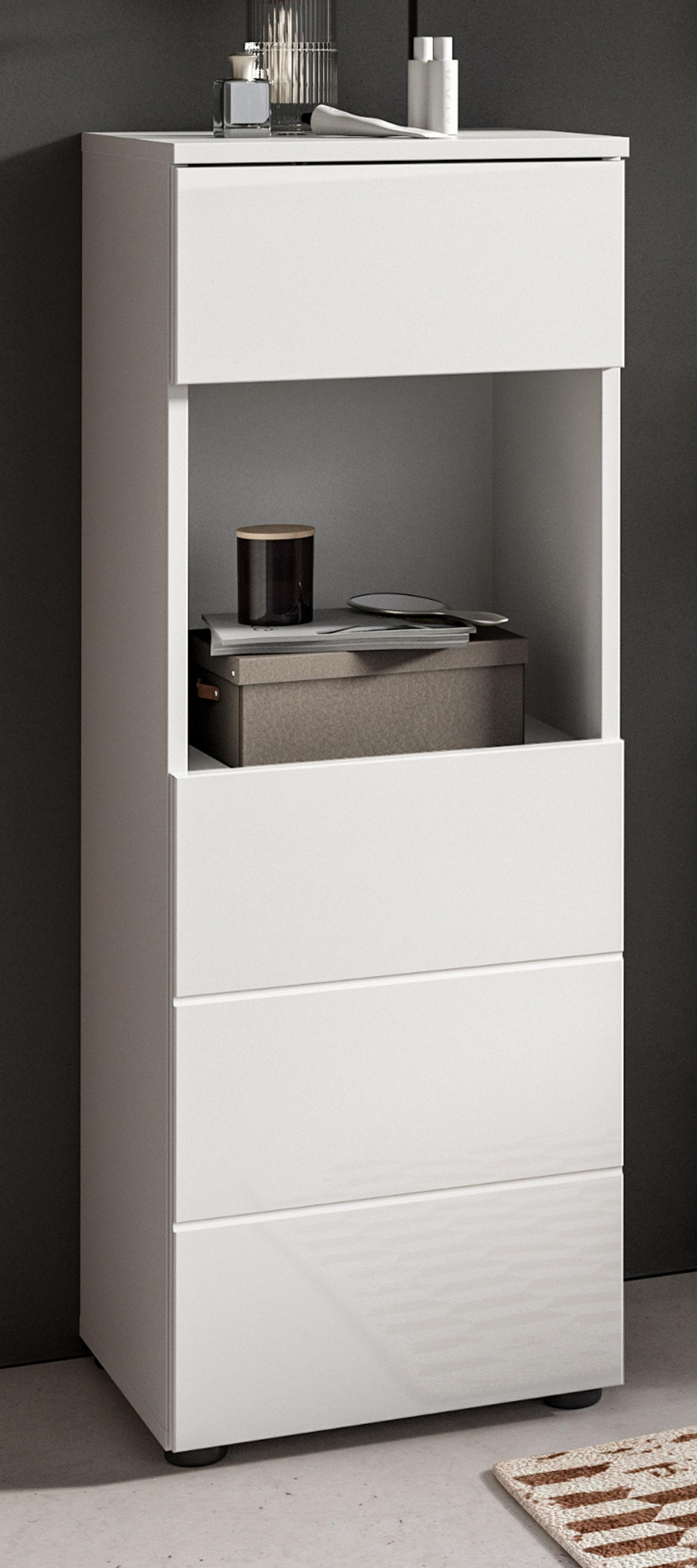 BADSCHRANK weiß Hochglanz 38 cm, Badezimmer Kommode mit Schubkasten - Weiß Hochglanz/Schwarz, Holzwerkstoff/Kunststoff (38/106/34cm) - Inn.Furn