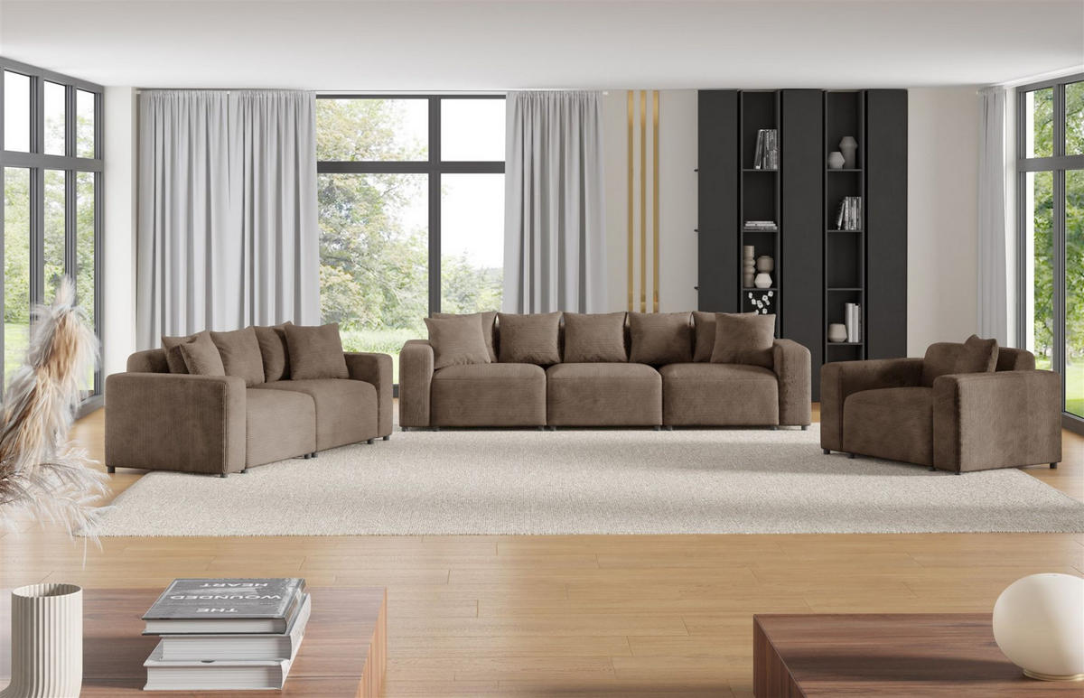 SOFASET Megan 3-2-1 In Poso - Mokka, Holzwerkstoff/Textil (327/75/98cm) - Fun Möbel