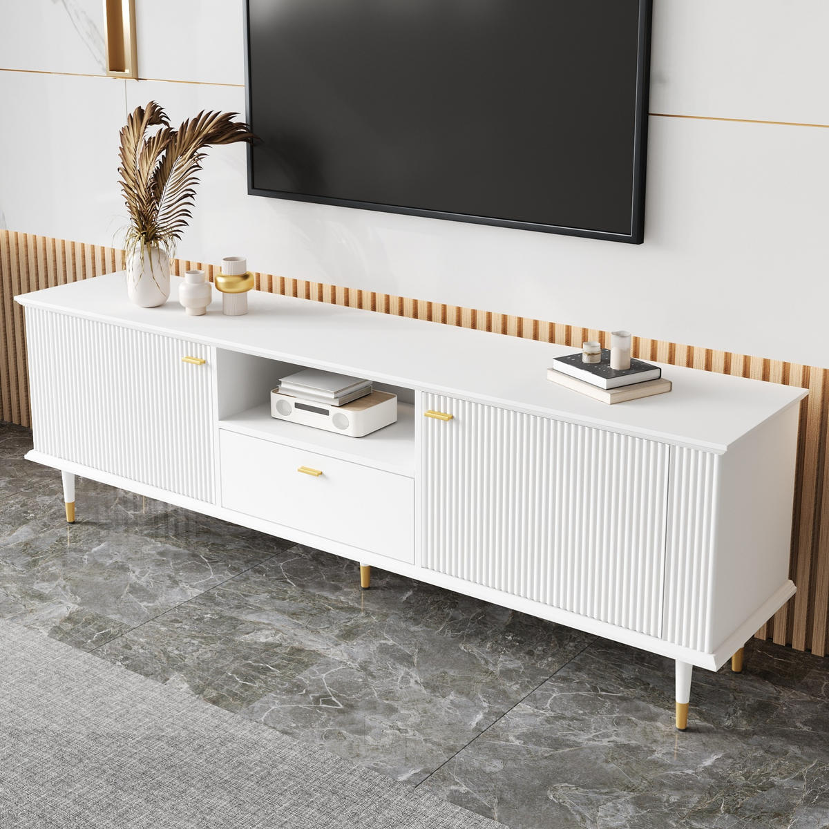 TV-SCHRANK mit 2 Türen und Schublade 170 cm MDF Weiß - Weiß, Holzwerkstoff (36/54/170cm) - Beauniv