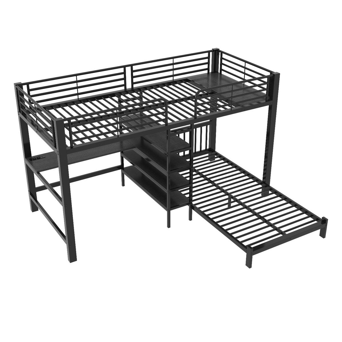 ETAGENBETT 90/200 cm Schwarz mit Schreibtisch, Kleideraufbewahrung, USB- und Type-C-Schnittstelle - Schwarz, Metall (90/200cm) - Oxeza