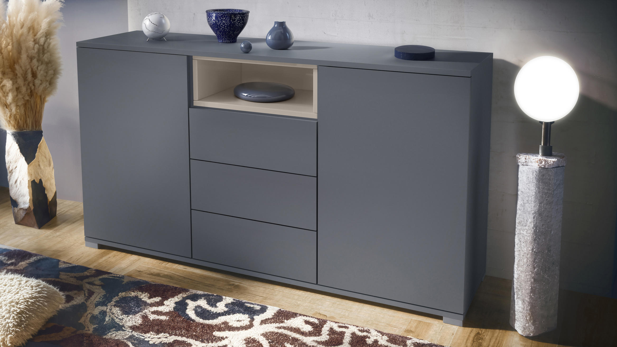 SIDEBOARD Skadu Sandgrau Hochglanz - Sandfarben, Holzwerkstoff (138.5/75.5/35cm) - Vladon
