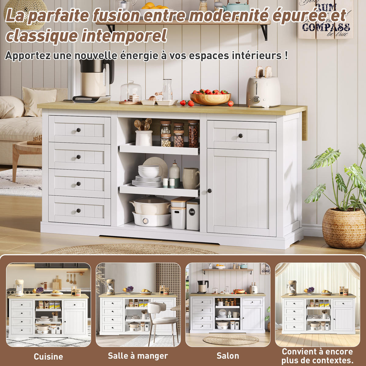SIDEBOARD Kücheninsel, klappbare Arbeitsplatte, 5 Schubladen, Weiß - Weiß, Holz (150/75/65cm)