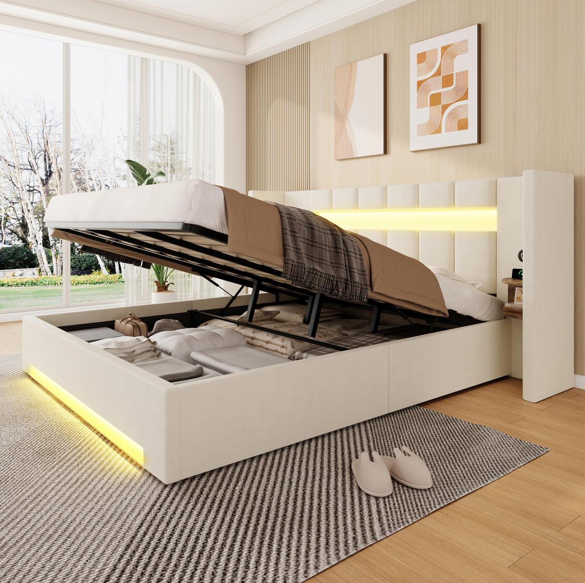 POLSTERBETT 180/200 cm mit USB-Anschlüssen, LED-Beleuchtung, Hydraulik-Stauraum und Retro-Schränken, Beige - Beige, Textil (180/200cm) - Redom