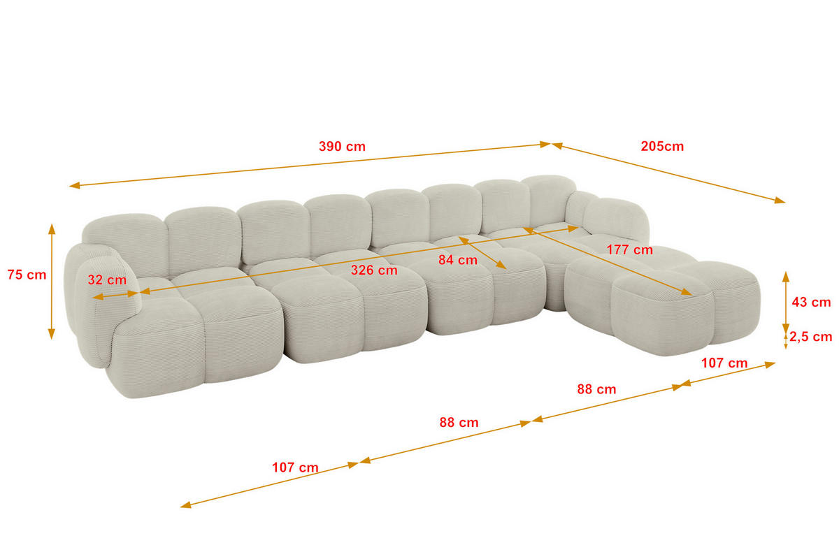 ECKSOFA modulares Sofa Rechts Miko-L3 390x205x75 Creme Cord - Schwarz/Mokka, Holzwerkstoff/Kunststoff (390/205cm) - ALTDECOR
