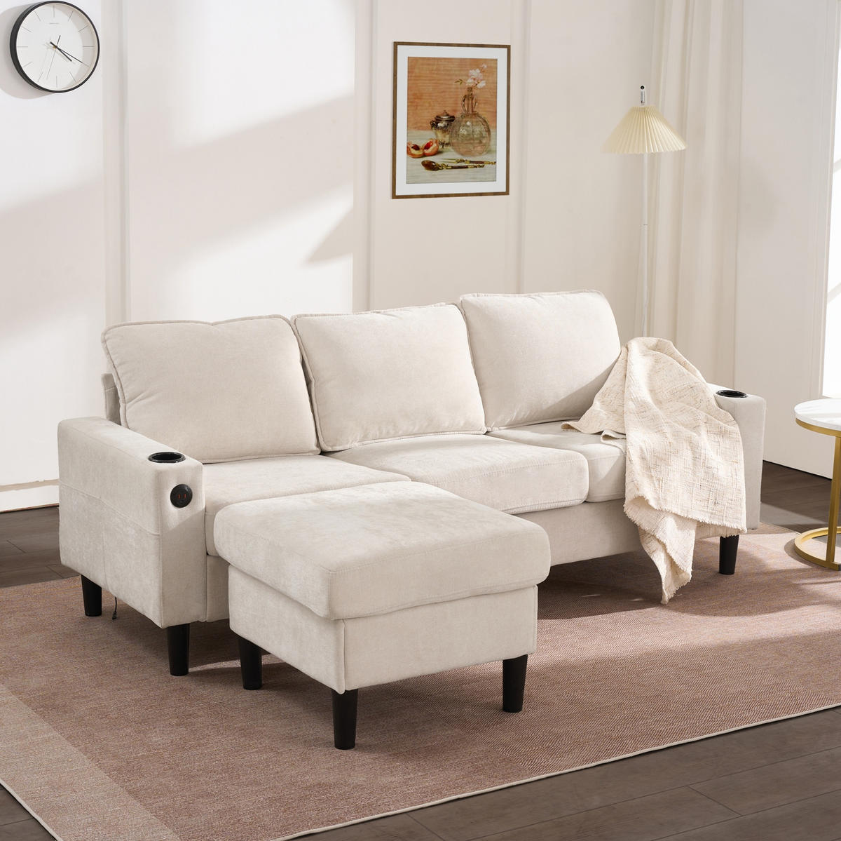 ECKSOFA Leinen mit USB-Anschluss und Typ-C 202/137/80 cm Beige - Beige, Textil (137/202cm) - Redom