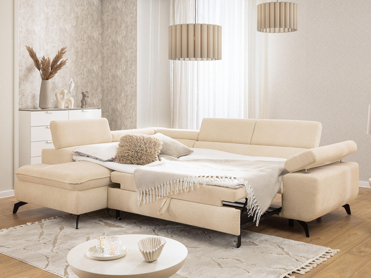 ECKSOFA mit Schlaffunktion und Bettkasten Bonnie aus Hellbeige Chenille-Stoff mit verstellbaren Kopfstützen und Armlehne - Ottomane links - Beige/Schwarz, Holz/Textil (275/210cm) - S-Style Möbel