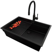 UNTERBAUSPÜLE GRANIT Praga, 2-er set Schwarz 66/47 cm 1 Becken + Küchenarmatur 40/38 cm + Ablauf-Set + Aufrollbare Abtropffläche ab 70er Unterschrank - Schwarz, Kunststoff (66/20/47cm) - Primagran