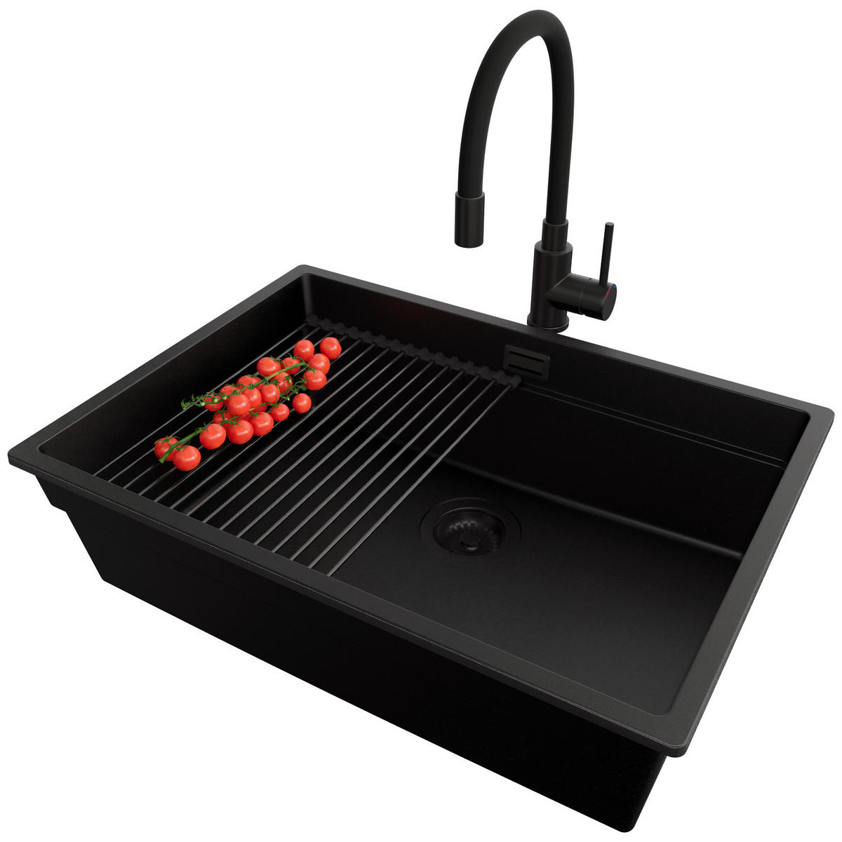 UNTERBAUSPÜLE GRANIT Praga, 2-er set Schwarz 66/47 cm 1 Becken + Küchenarmatur 40/38 cm + Ablauf-Set + Aufrollbare Abtropffläche ab 70er Unterschrank - Schwarz, Kunststoff (66/20/47cm) - Primagran