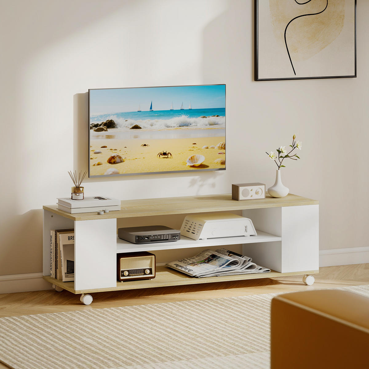 TV-LOWBOARD Weiß/Natur 120/40/38,5 cm, mit Rollen, Wandmontage möglich - Weiß, Holzwerkstoff (120/38.5/40cm) - PANGIVO