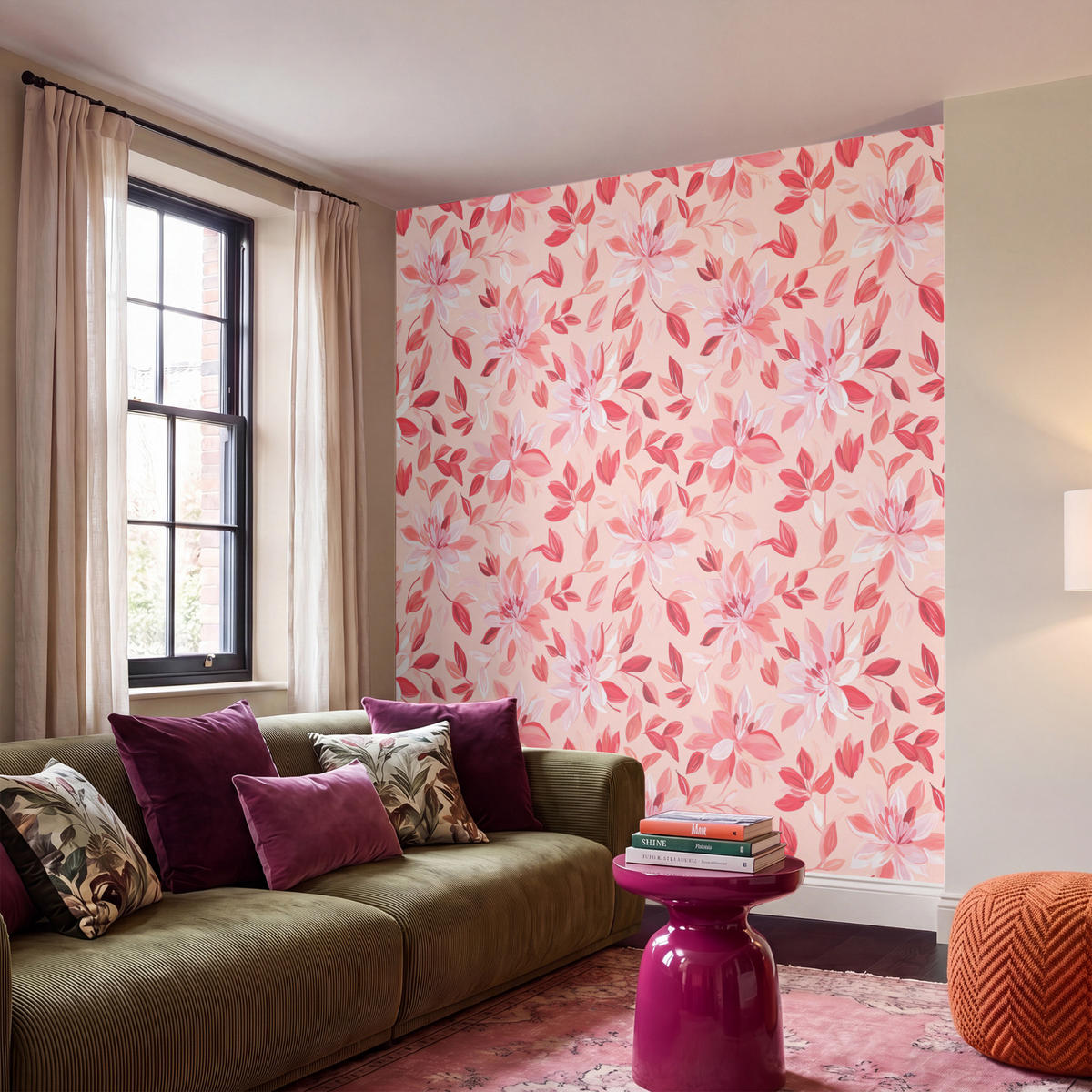 TAPETE - Botanisch - Blumen - Rot - 200x200 cm - Koralle, Papier (200/200cm) - OnlyWow