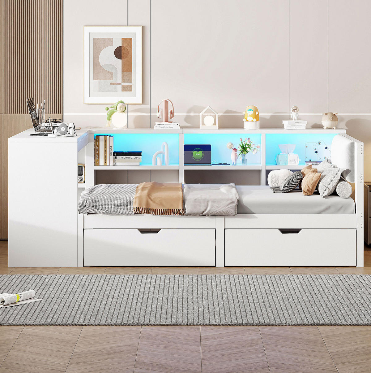 BETT aus MDF und Sperrholz 90x200 cm Weiß mit USB, Steckdosen, LED-Beleuchtung, Schubladen und gepolstertem Kopfteil - Weiß, Holzwerkstoff (90/200cm) - Modfu