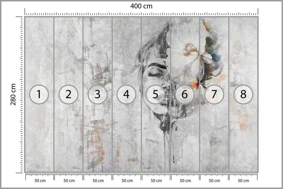 FOTOTAPETE für Schlafzimmer Frau Porträt Blume Beton Abstraktion 400x280 - Blau/Orange, Papier (400/280cm) - Muralo
