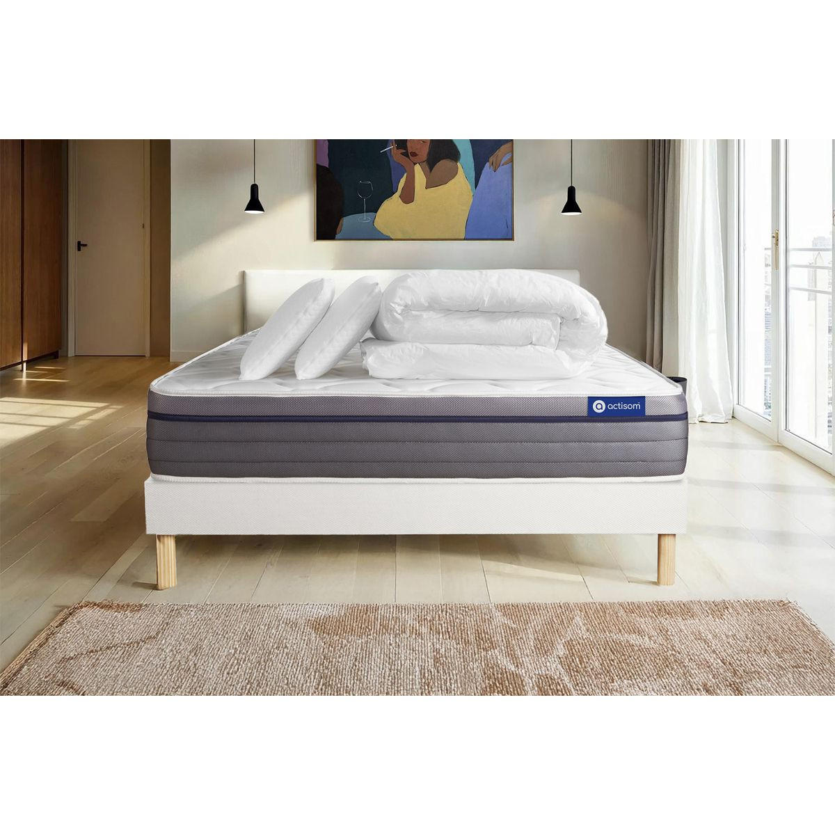 BETT Actimemo zen Memory-Schaum 160 x 200 cm h1 - Kit Bettgestell Weiß - Mit Kissen und Bettdecke - Beige/Weiß, Karton/Holz (160/200cm) - ACTISOM