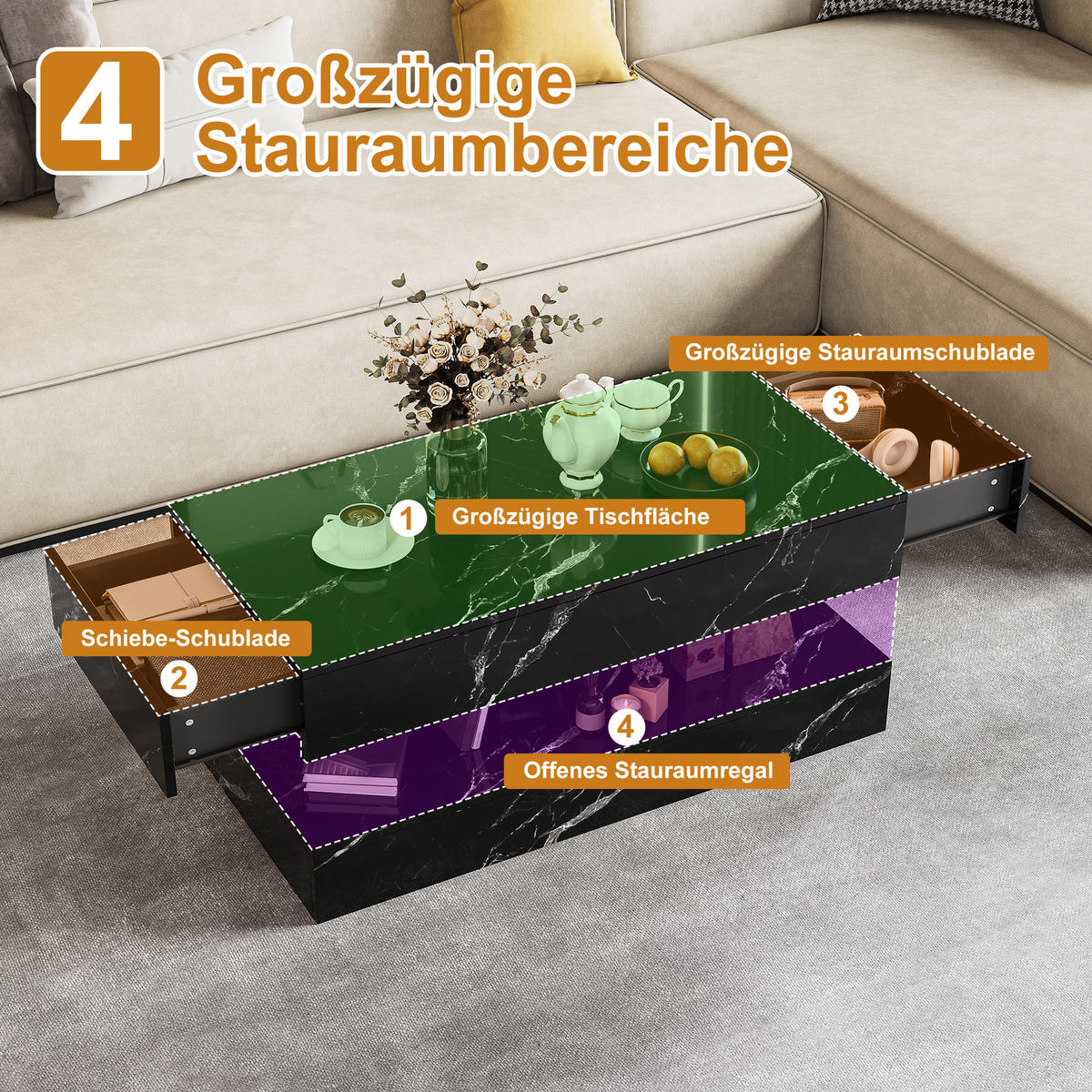 COUCHTISCH 100x50 cm Schwarz Hochglanz Marmoroptik mit LED-Beleuchtung & Schubladen - Schwarz, Holz (100/50/45cm) - SHOPENTRA