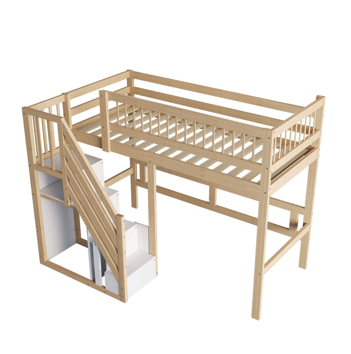 HOCHBETT Kinderhochbett 90/200 cm aus Kiefernholz mit Aufbewahrungstreppe Natur - Naturfarben, Holzwerkstoff (90/200cm) - Modenvie